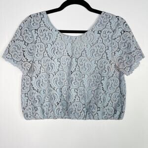 Zara Cropped Lace Short Sleeve Sheer Blouse Top Blue Small Scoop Neck Scoop Back